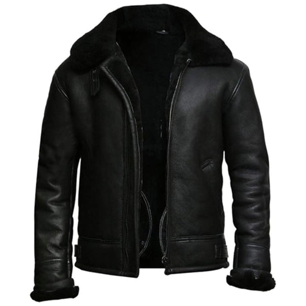 Men's Black Bomber Aviator B3 Fur Shearling Flying Pilot Real Sheepskin Leather Jacket