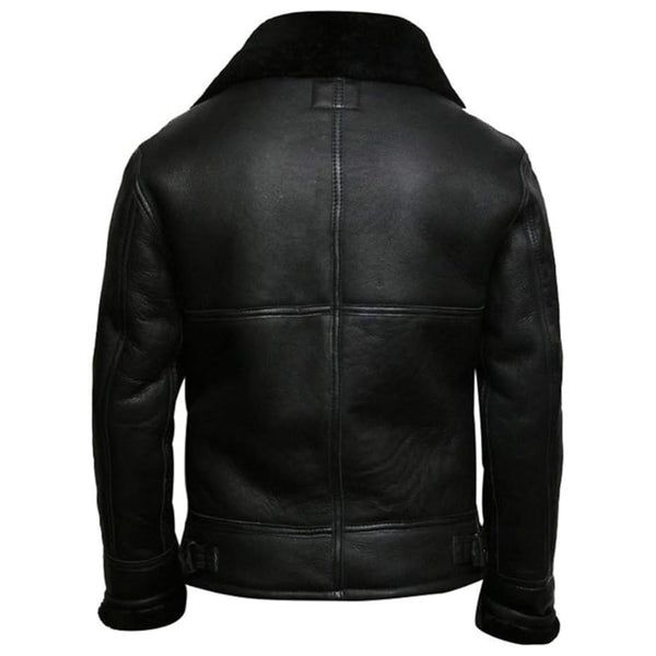 Men's Black Bomber Aviator B3 Fur Shearling Flying Pilot Real Sheepskin Leather Jacket