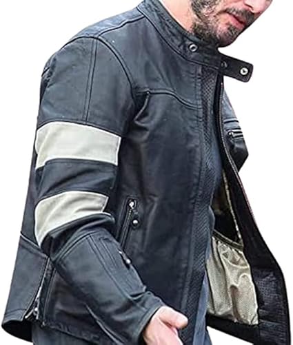 CHAYELL Keanu Reeves Motorcycle Jacket Mens White Stripes Genuine Lambskin Leather Black Biker Jacket