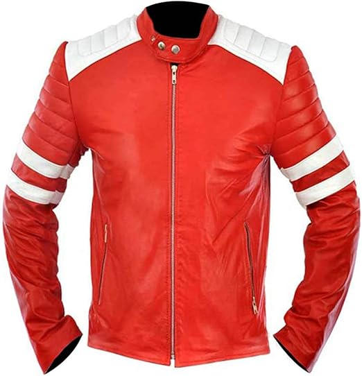 CHAYELL Fight Club Jacket Mens Tyler Durden Brad Retro White Stripes Motorcycle Quilted Red Biker Leather Jacket