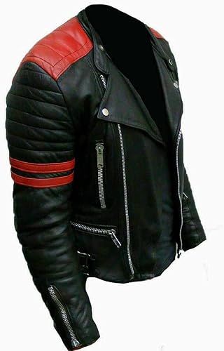 CHAYELL Brando Leather Jacket Mens Red Stripes Quilted Cafe Racer Motorcycle Lambskin Leather Black Vintage Biker Jacket