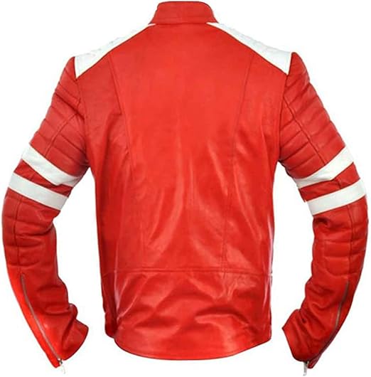 CHAYELL Fight Club Jacket Mens Tyler Durden Brad Retro White Stripes Motorcycle Quilted Red Biker Leather Jacket