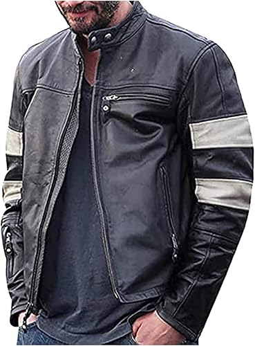 CHAYELL Keanu Reeves Motorcycle Jacket Mens White Stripes Genuine Lambskin Leather Black Biker Jacket