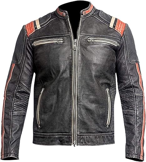 CHAYELL Cafe Racer Retro Motorcycle Leather Jacket Mens Vintage Biker Distressed Black Jacket