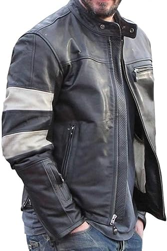 CHAYELL Keanu Reeves Motorcycle Jacket Mens White Stripes Genuine Lambskin Leather Black Biker Jacket