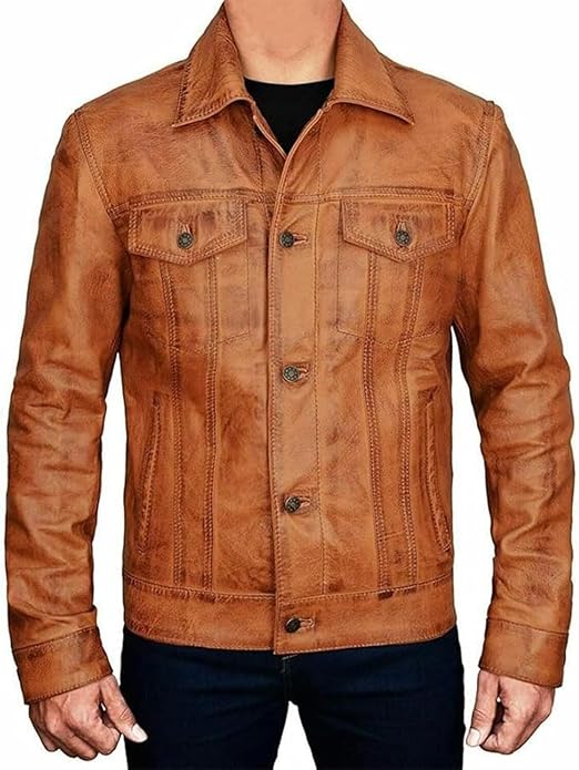 CHAYELL Men's Trucker Vintage Jacket Classic Style Real Lambskin Brown Leather Jacket