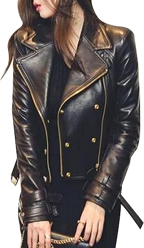 CHAYELL Womens Brando Leather Jacket Ladies Rose Golden Genuine Leather Motorcycle Biker Black Lambskin Jacket