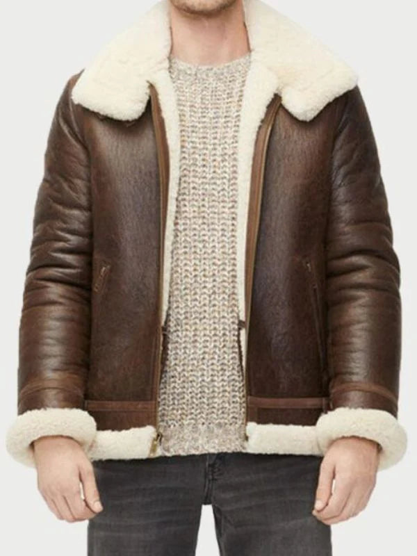 Mens Alex Sheepskin Faux Fur Shearling Aviator Brown Leather Jacket