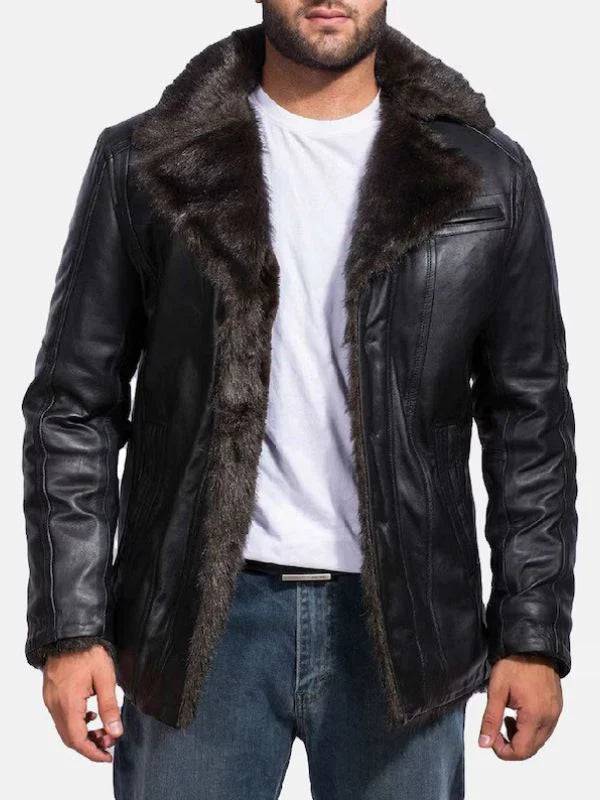 Men Furcliff Black Leather Fur Jacket