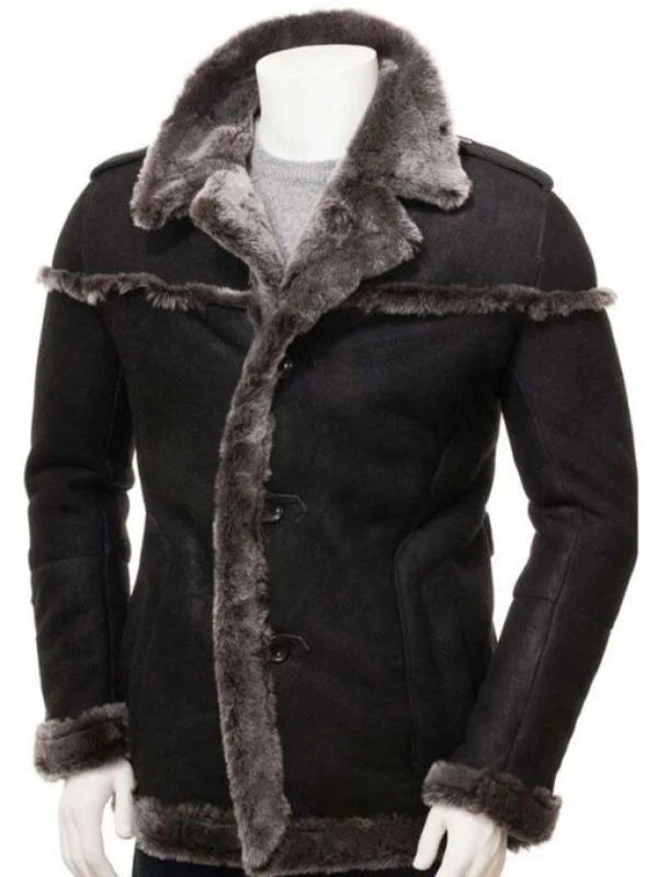 Mens Shearling Black Leather Coat