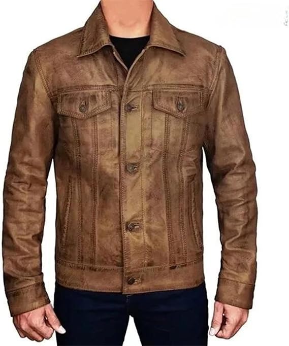 Mens Trucker Denim Shirt Genuine Leather Jacket