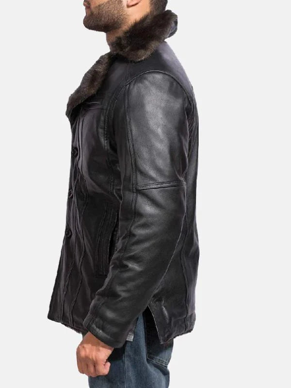 Men Furcliff Black Leather Fur Jacket