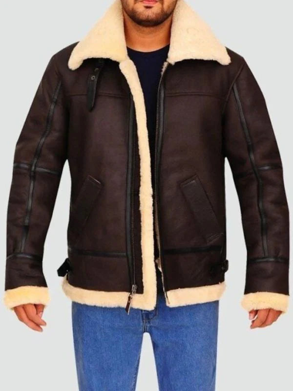 Mens Bomber Leather Aviator Shearling Jacket