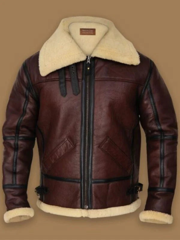 Mens Shearling Brown Bomber Leather Jacket