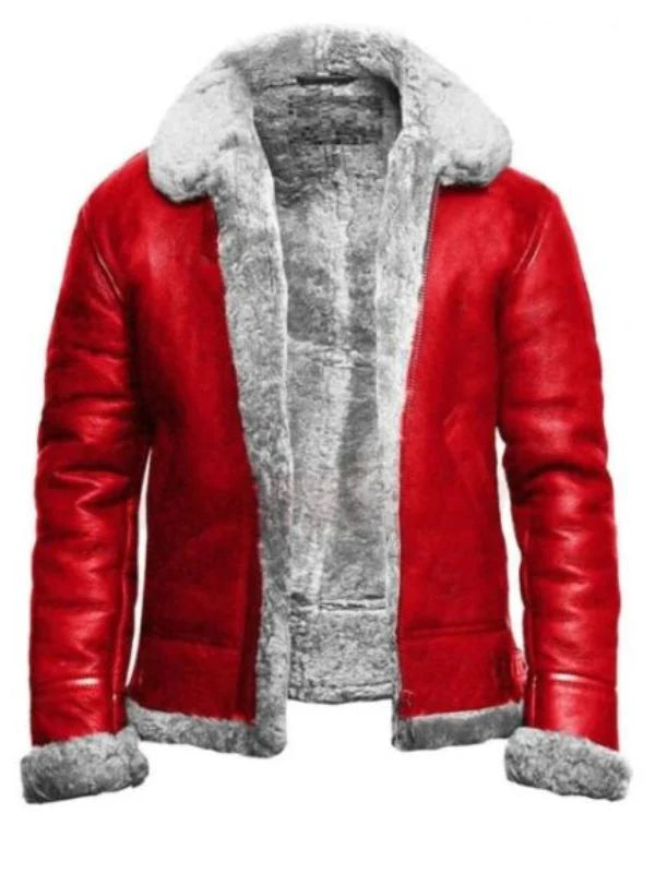 B3 Faux Fur Shearling Christmas Santa Claus Red Leather Jacket