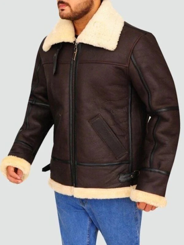 Mens Bomber Leather Aviator Shearling Jacket