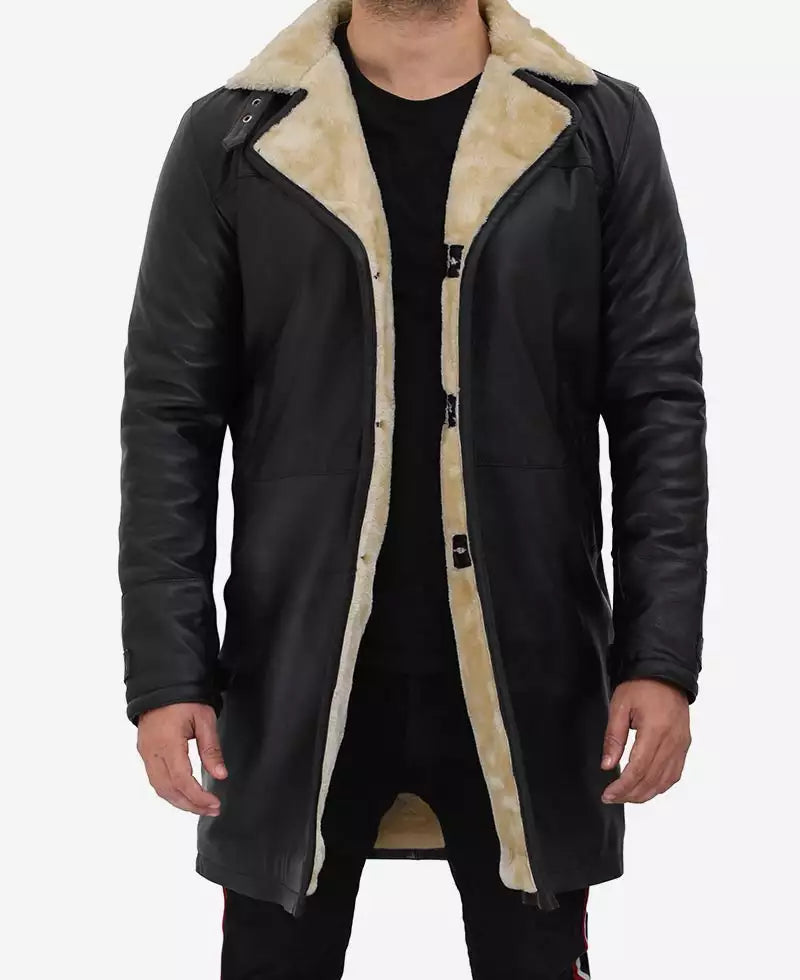 Men's Black 3/4 Length Shearling Leather Coat