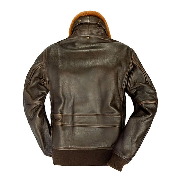 Brown Navy Flight Shearling Collar Leather Jacket For Men