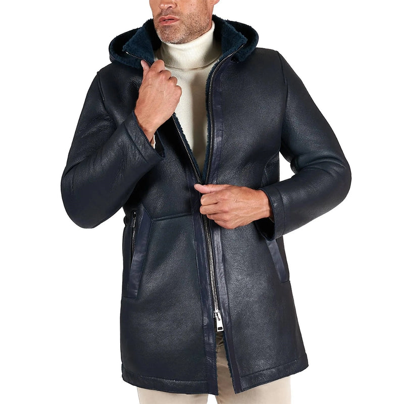 Dark Blue Leather Jacket with Detechable Hood