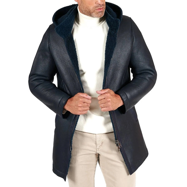 Dark Blue Leather Jacket with Detechable Hood