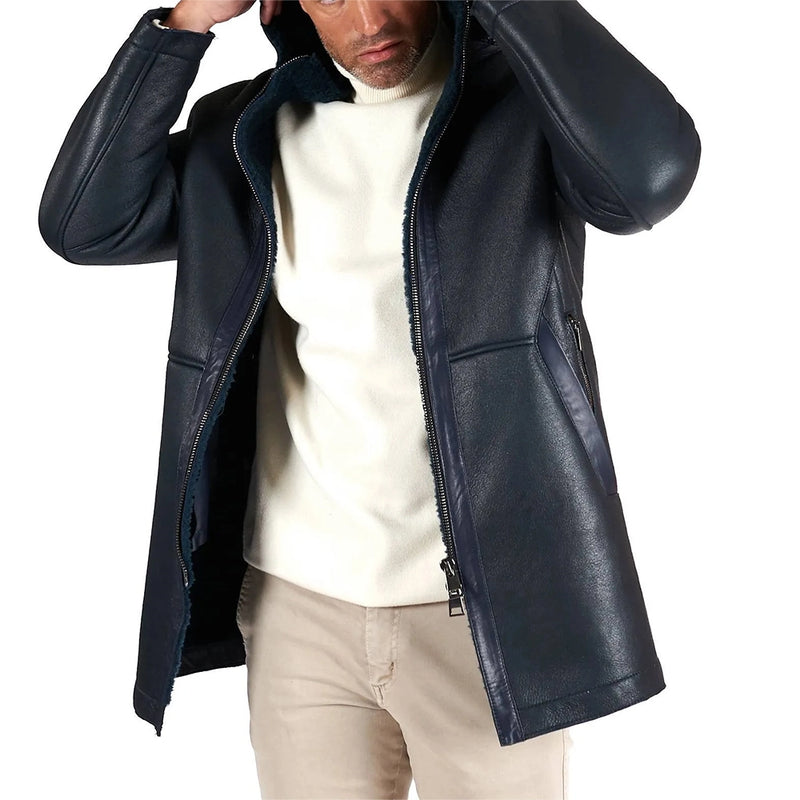 Dark Blue Leather Jacket with Detechable Hood