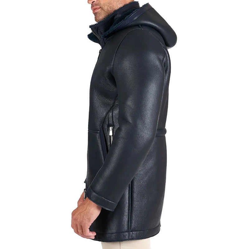 Dark Blue Leather Jacket with Detechable Hood