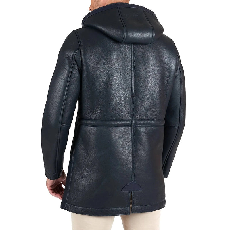 Dark Blue Leather Jacket with Detechable Hood