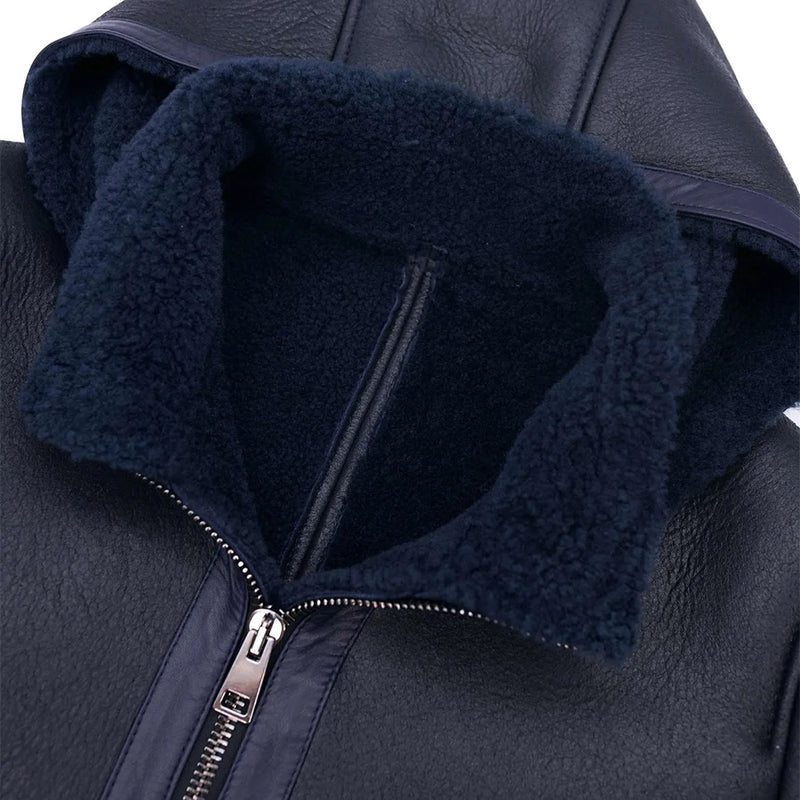 Dark Blue Leather Jacket with Detechable Hood