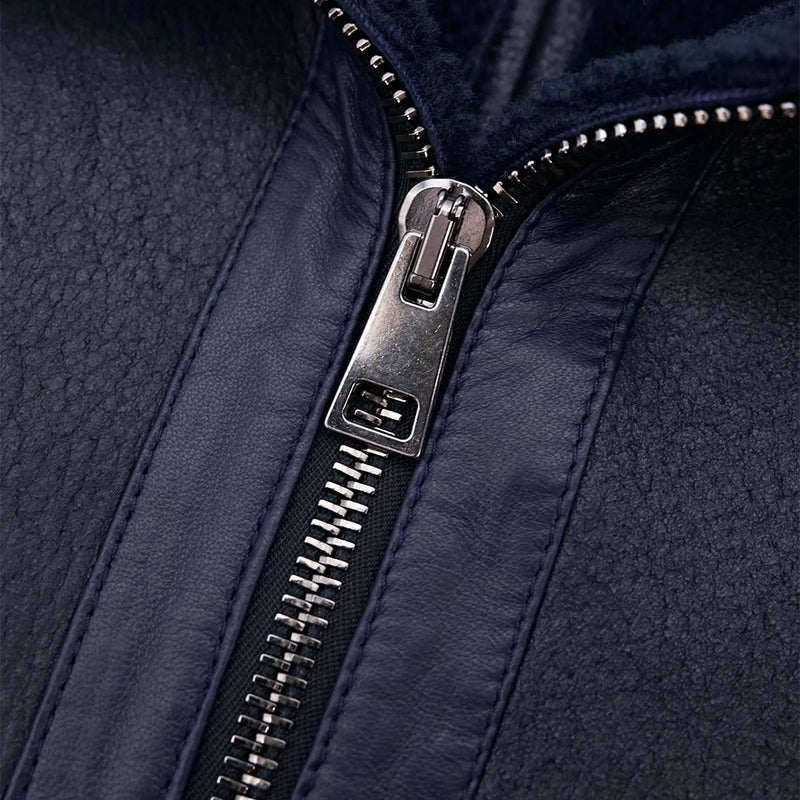 Dark Blue Leather Jacket with Detechable Hood