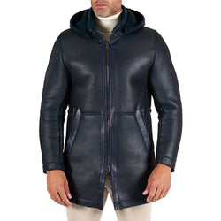 Dark Blue Leather Jacket with Detechable Hood