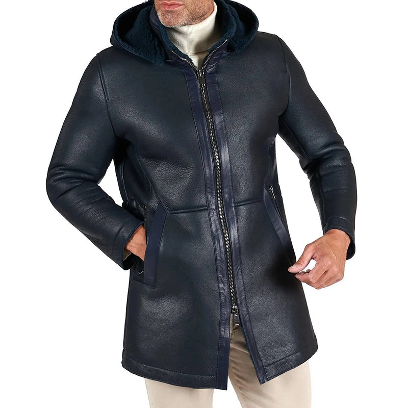 Dark Blue Leather Jacket with Detechable Hood