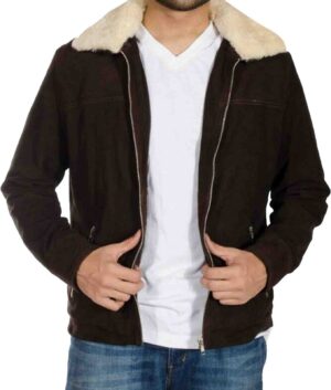 Andrew Lincoln Walking Dead S5 Rick Grimes Fur Collar Brown Suede Leather Jacket